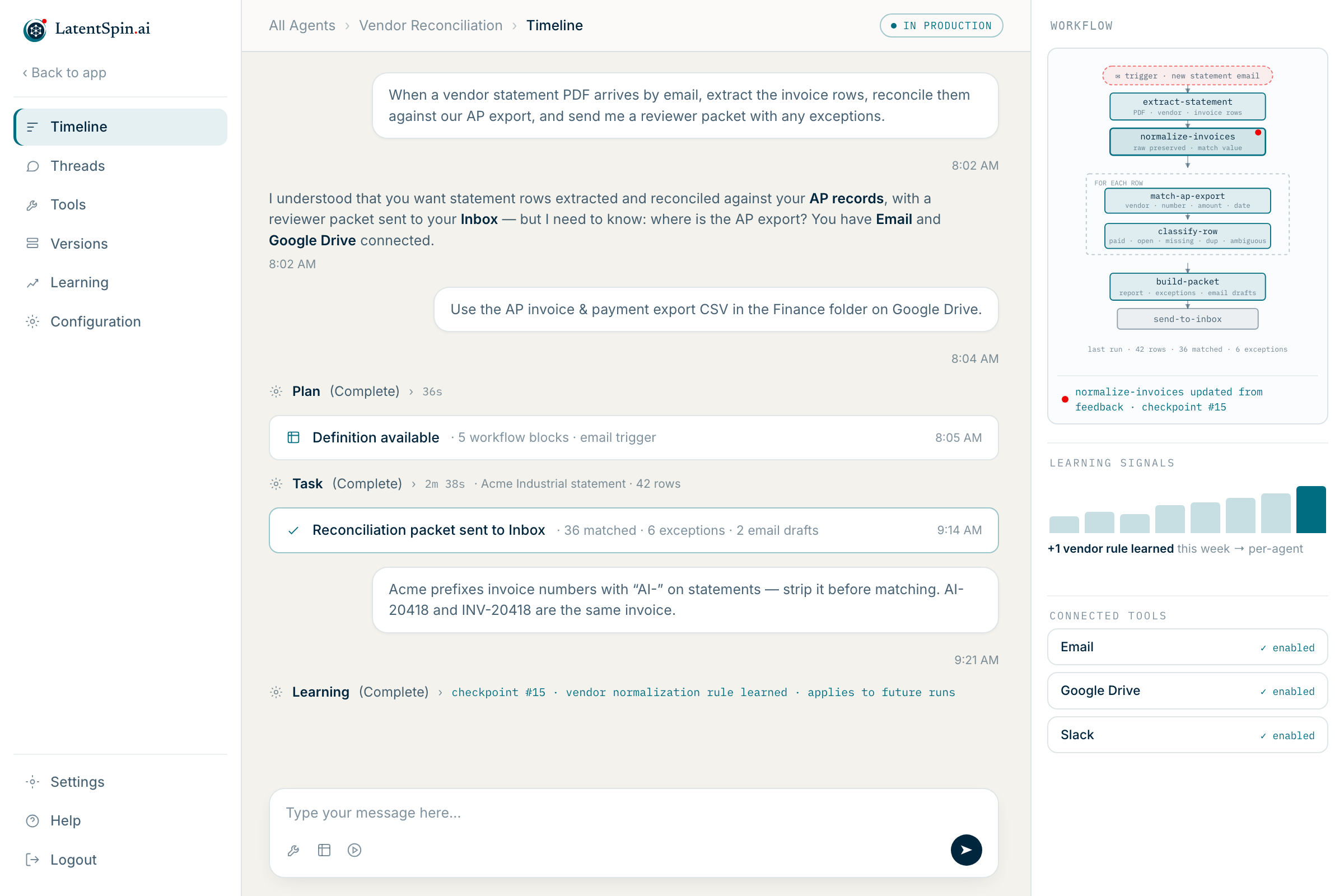 LatentSpin workspace showing a claims triage agent session with workflow blocks, a teaching correction, and learning signals